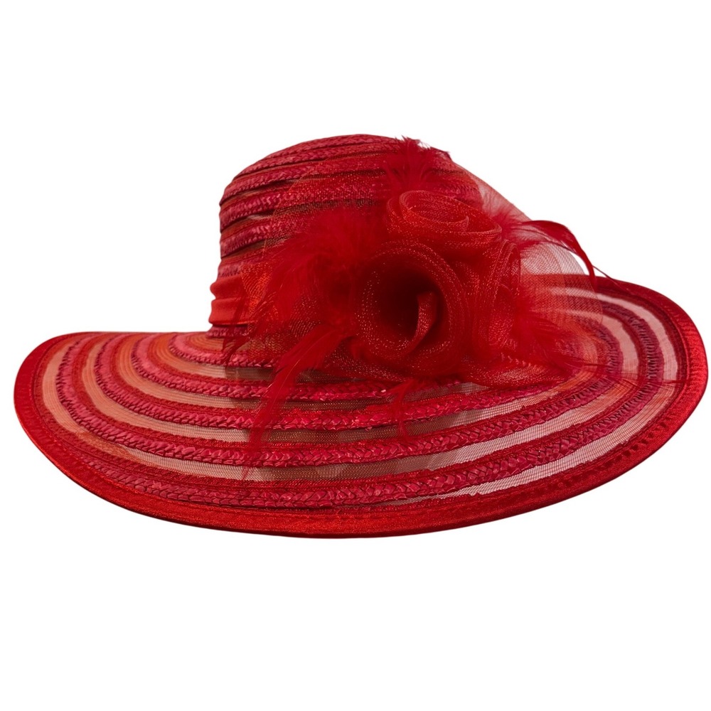 Red Sheer Straw Wide Brim Sun Hat Floral Feather Detail Kentucky Derby Tea Party